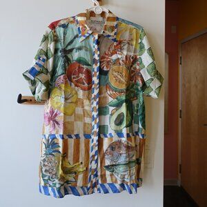 Australian inspired Tropical fish fruit shrimp melon oranges linen shirt 2